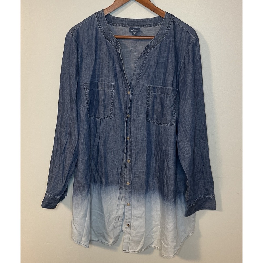 J Jill Denim Shirt Button Up Ombre Dye‎ Roll Tab Sleeve Cotton Tencell Size XL